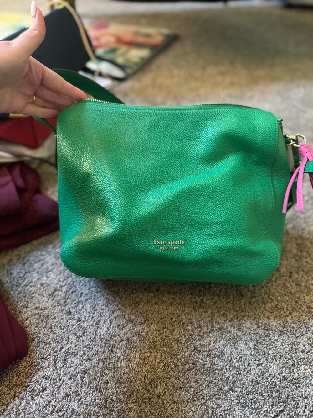 kate spade Green Pebbled Leather Crossbody with Pink Tassel